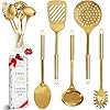 Gold Cooking Utensils Set - 5 PC Stainless Steel for Modern Cooking & Serving - Dishwasher Safe Gold Ladle, Serving Spoon & More - Luxury Brass Kitchen Utensils for Home Chefs - Gold Kitchen Decor