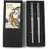 Hagary Tiger Chopsticks Metal Chopsticks Reusable Designed In Korea Japanese Style Stainless Steel 316 18/10 Non-Slip Dishwasher Safe Laser Etched (Black - 2 Pairs)