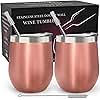 CHILLOUT LIFE Stainless Steel Wine Tumblers 2 Pack 12 oz - Double Wall Vacuum Insulated Wine Cups with Lids and Straws Set for Coffee, Wine, Cocktails (Rose Gold)