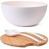 11.5" Extra Large Salad and Serving Bowl with Wooden Lid and Servers - Bamboo Fiber Wood Mixing Bowl Set with Utensils for Fruits, Vegetable Salads, Pasta, Home Decoration & Parties - Natural White
