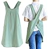 NEWGEM Japanese Linen Cross Back Kitchen Cooking Aprons for Men with Pockets for Baking Painting Gardening Cleaning Light Green