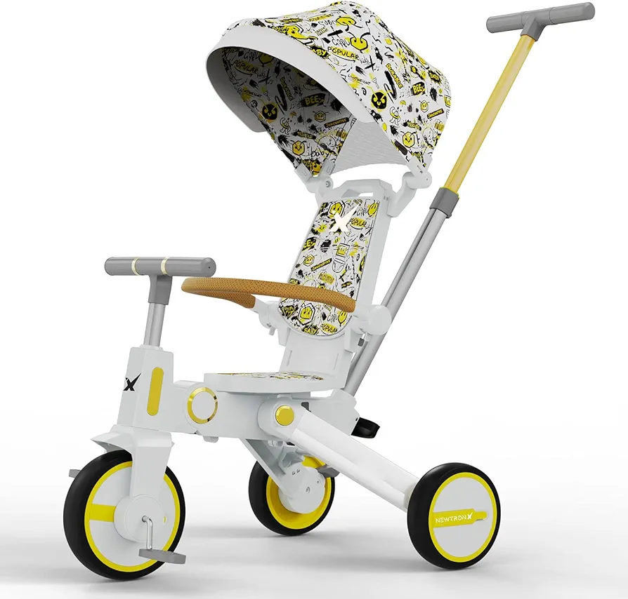 Adventure Pro Summer Edition - Foldable Tricycle for Toddlers-Big Canopy, Basket,Travel Backpack and Parent Bag - Toddler Tricycle for Ages 10 Months to 5 Years (White/Emoji)