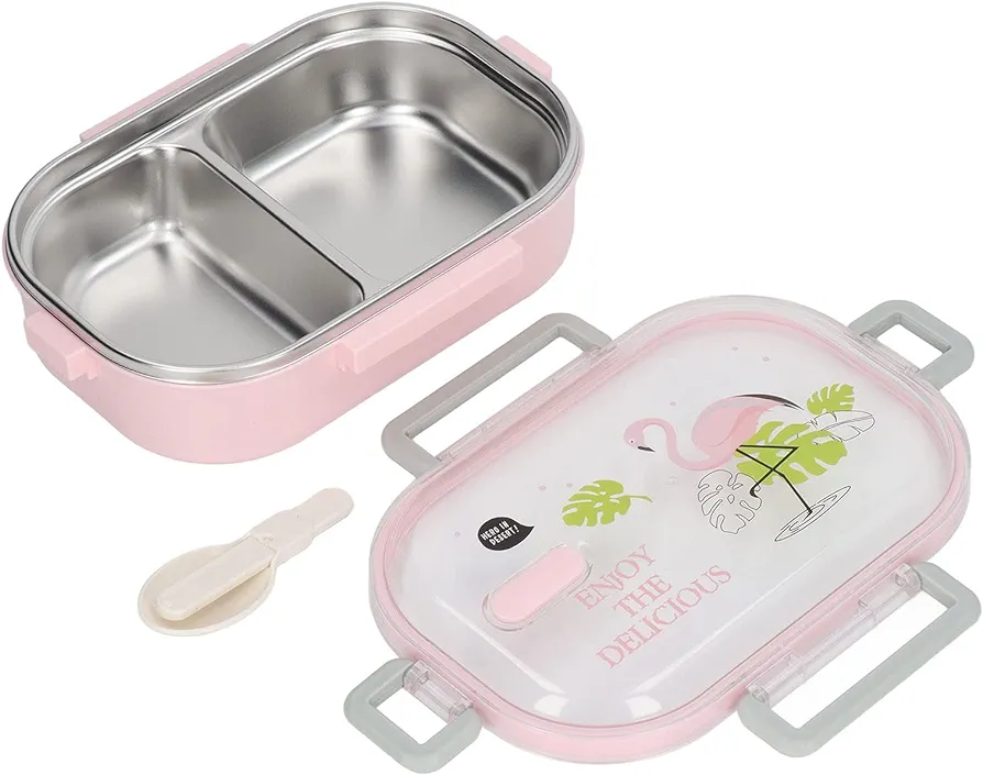 LIZEALUCKY Thermal Insulation Bento Lunch Box 304 Stainless Steel Lunch Box Stainless Steel Thermal Lunch Box Illustration Style Leak Proof Container for Workers(Pink)