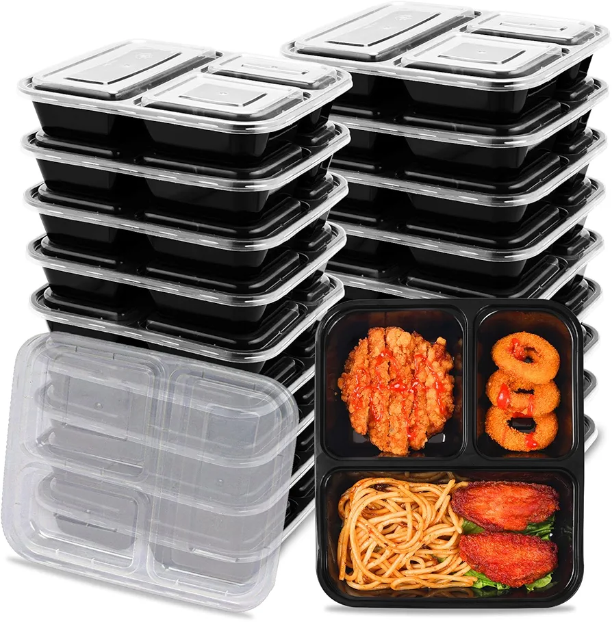 Moretoes 20 Pack 32oz Meal Prep Containers Reusable, 3 Compartment Meal Prep Containers with Lids, Disposable Bento Box for Lunch Microwave/Freezer/Dishwasher Safe