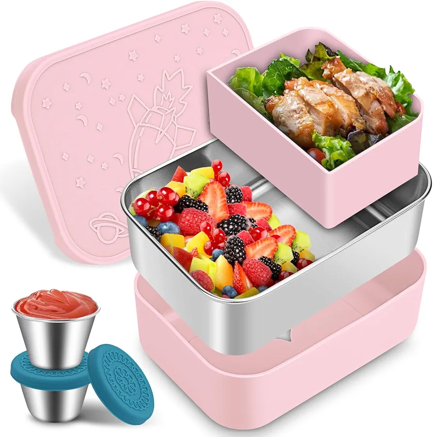 Winceed Stainless Steel Bento Box for Kids,28.7oz Metal Lunch Container with Removable Silicone Divided,Leak Proof Reusable Bento Lunch Box with Silicone Lid,Including 2.4oz Sauce Containers-Pink