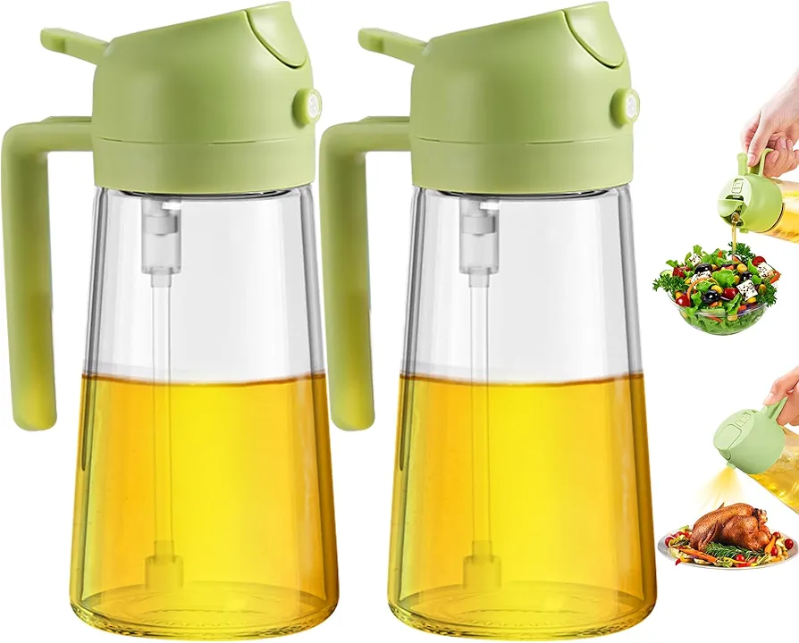 2 Pack Olive Oil Dispenser Bottle,Oil Sprayer for Cooking 2 in 1 Oil Dispenser Glass Oil Sprayer and Dispenser for Kitchen Salad Air Fryer Barbecue(Green,16oz/470ml)
