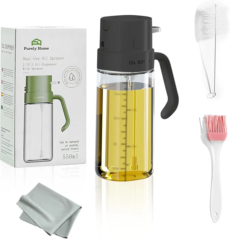Premium 550ml 2-in-1 Oil Sprayer for Cooking - Glass Olive Oil Dispenser - Professional Spray Bottle for Air Fryer, Salad, Food Grade Glass Mister Spray Bottle with Portion Control & Scale Line- Black