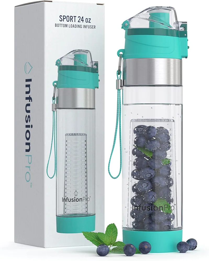 Infusion Pro Fruit Infuser Water Bottler, Insulated Sleeve & Fruit Infused Water eBook : Bottom Infuser for More Flavor : Locking Flip Top Lid : Unique Gift Idea - Teal