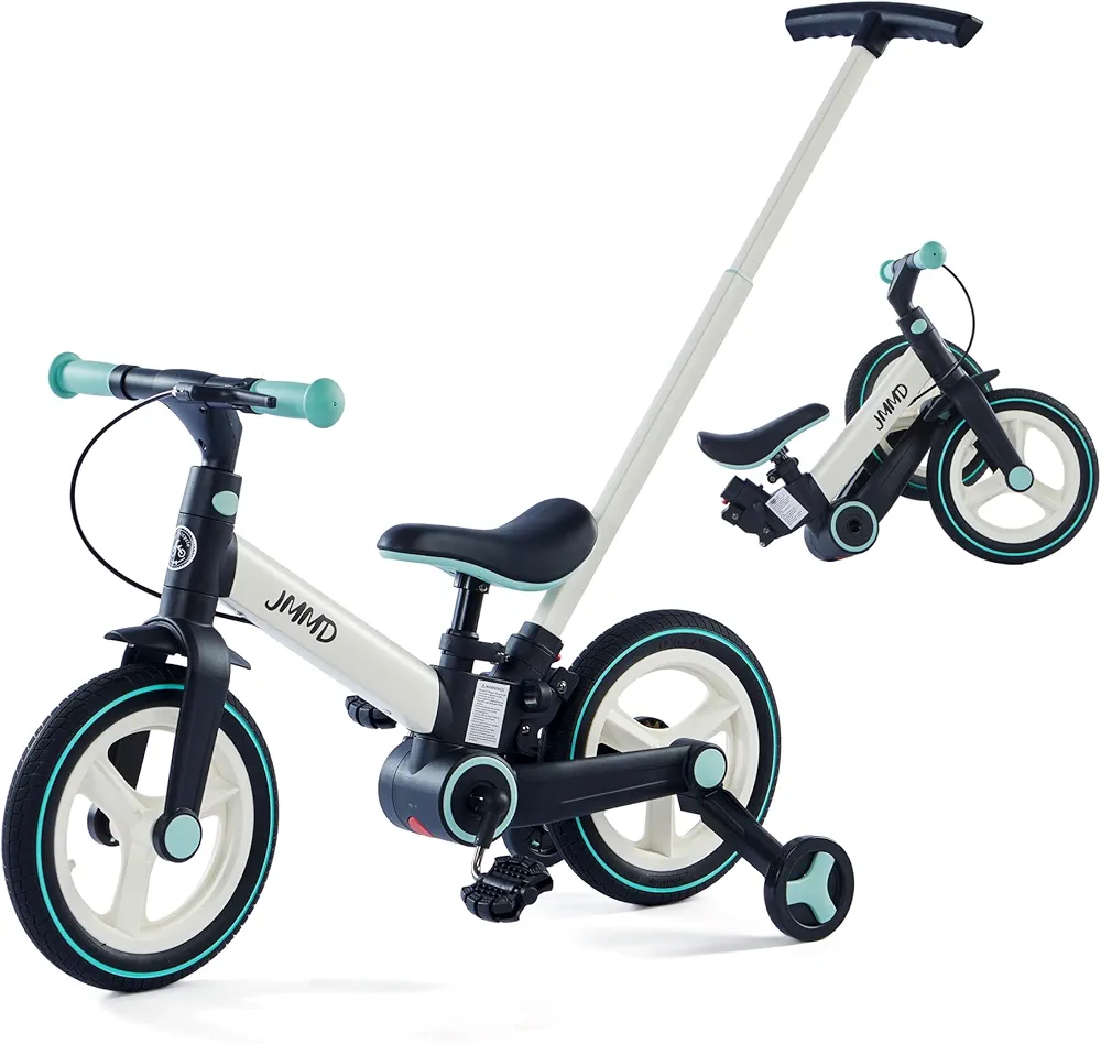 JMMD Toddler Bike with Push Handle for Kids 18-60 Months, 6 in 1 Push Bike with Training Wheels & Pedals, Balance Bike for Boys and Girls with Brakes & Kickstand