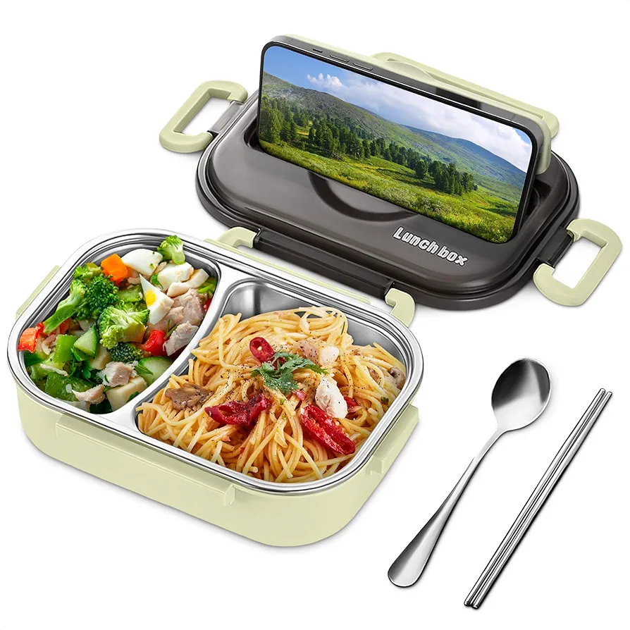 Stainless Steel Bento Box for Adults - Lunch Bento Box Adult Lunch Box 2 Compartment Lunch Containers Bento Lunch Box for Adults - Insulated Lunch Containers with Spoon, Chopstick and Phone Stand
