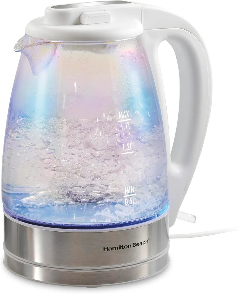 Hamilton Beach 1.7L Electric Tea Kettle, Water Boiler & Heater, LED Indicator, Built-In Mesh Filter, Auto-Shutoff & Boil-Dry Protection, Cordless Serving, Iridescent Clear Glass (41055)
