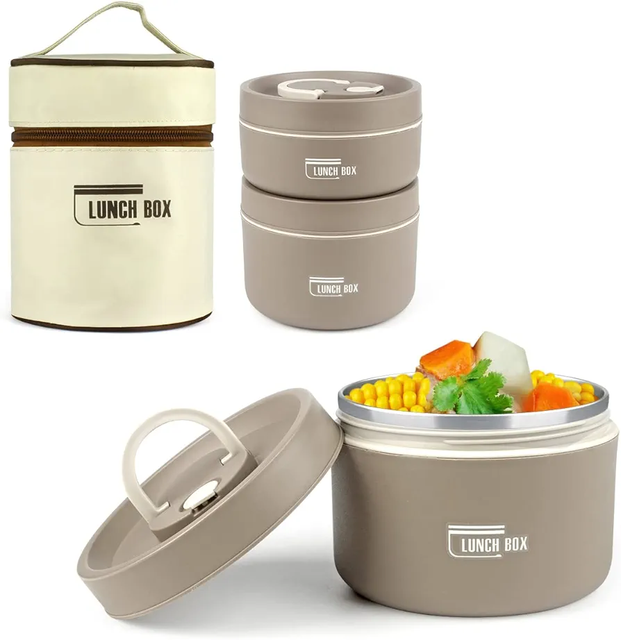 Keweis Bento Box Adult Lunch Box Set, Portable Insulated Lunch Containers with Thermal Bag, Stackable Stainless Steel Leakproof Food Container for Adults Teens Kids, Set of 2, 34 Oz
