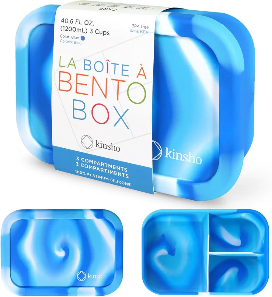kinsho Silicone Bento Box Lunch Box for Kids Toddlers Teens, Reuseable Eco Snack and Meal Container for School Daycare or Travel, 5 Cup /40 oz Large Capacity, Blue
