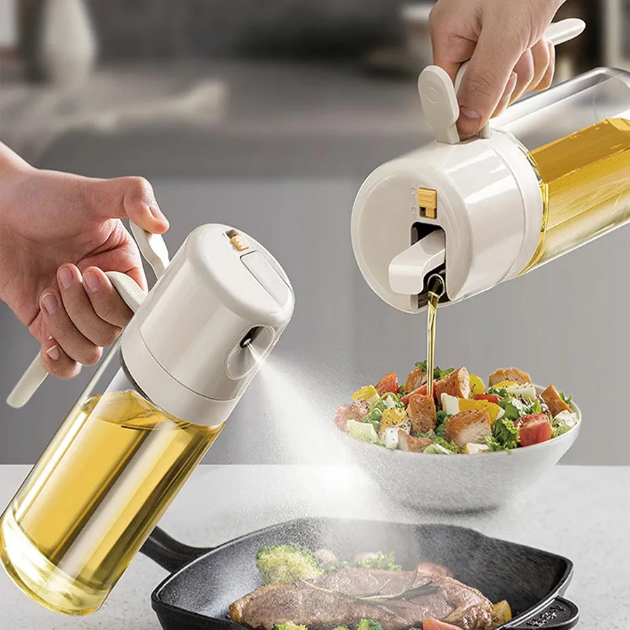 Olive Oil Sprayer 2 in 1 Olive Oil Dispenser 550ml / 19.4Oz Oil Bottle with Fine Mist Nozzle - Oil Sprayer for Cooking, Kitchen, Salad, Barbecue Warm Gray