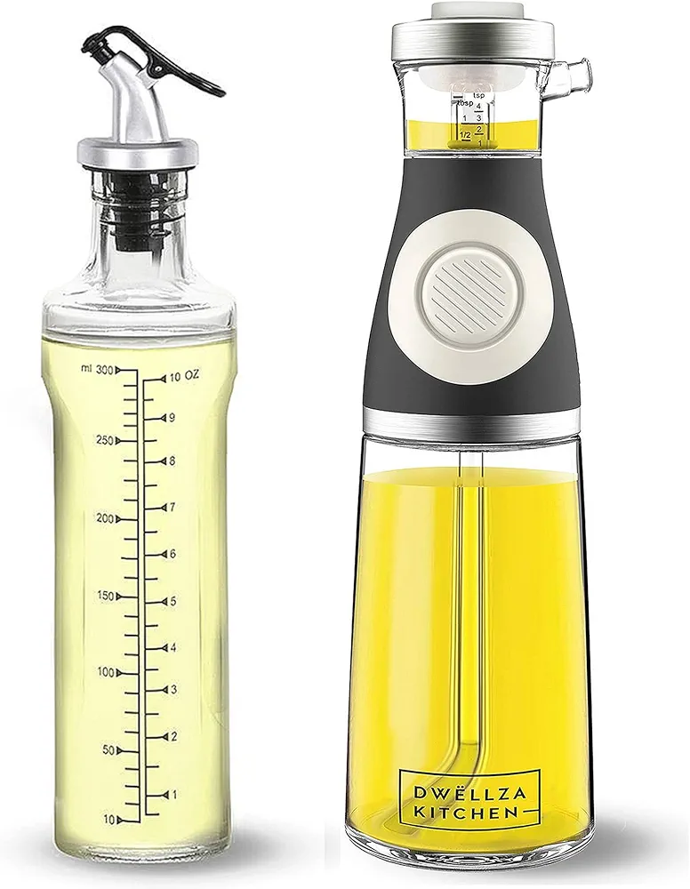 Cooking Olive Oil Dispenser Bottles For Kitchen – Dispense Oil, Vinegar & Syrup From 17 Oz Oil Bottle For Kitchen With Drain And 12 Oz Clear Glass Olive Oil Bottle For Cooking With Measurements