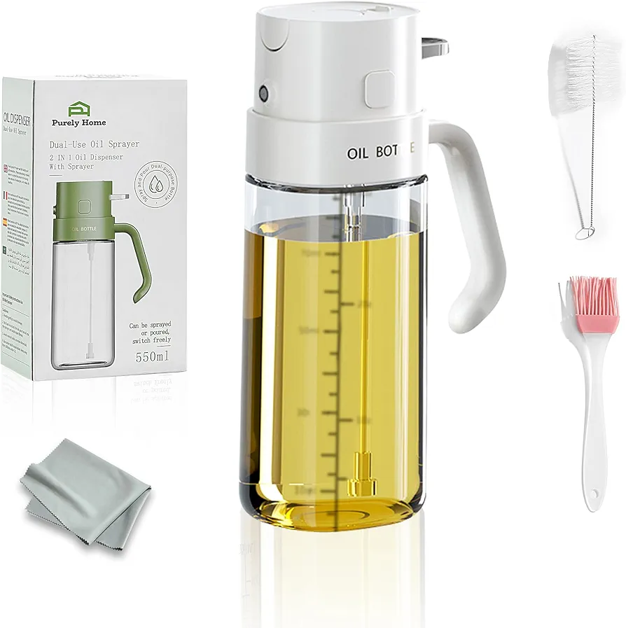 Premium 550ml 2-in-1 Oil Sprayer for Cooking - Glass Olive Oil Dispenser - Professional Spray Bottle for Air Fryer, Salad, Food Grade Glass Mister Spray Bottle with Portion Control & Scale Line- White