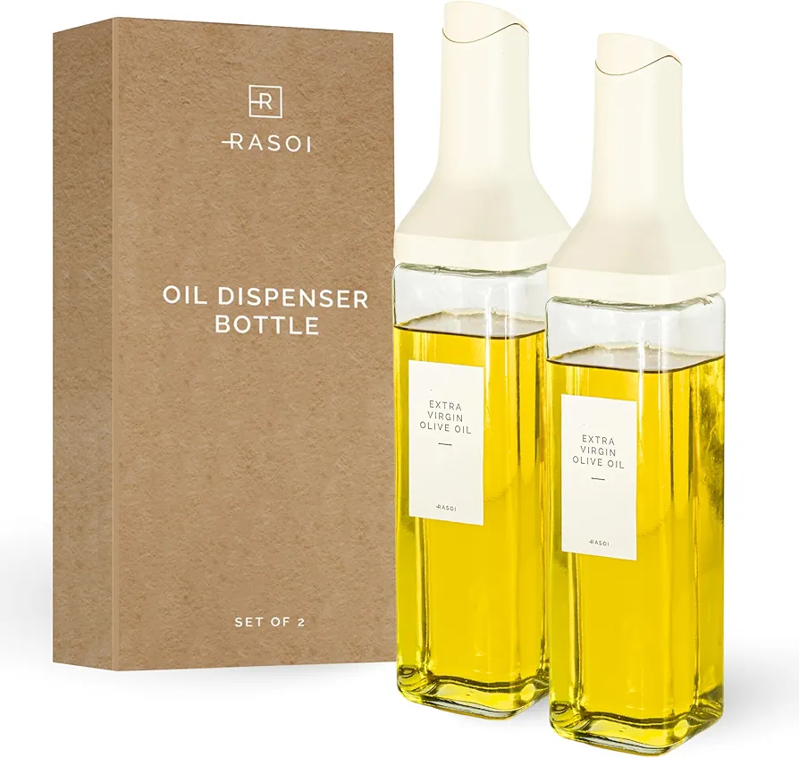 Oil Dispenser Bottle – Set of 2 16.9oz/500ml Oil and Vinegar Dispenser - Drip-Free Spout Glass Oil Dispenser – Kitchen Oil Dispenser with Automatic Pouring Lid – Olive Oil Dispenser Bottle for Cooking