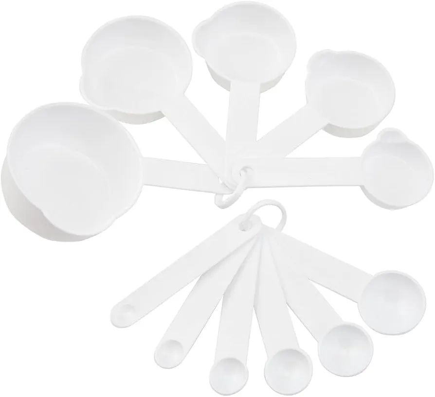 Measuring Cups and Spoons Set, 11 Pieces Plastic Measuring Cups and Spoons Set for Dry and Liquid Ingredients, Kids 5 Measuring Cups and 6 Measuring Spoons Set for Cooking & Baking Color White