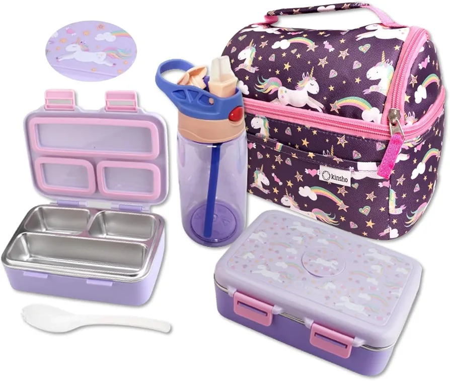Unicorn Stainless Steel Bento Lunch Box for Toddler Girls, Insulated Lunch Bag Water Bottle Set for Kids. Snack Container for Small Children, Baby Girl, Toddlers Daycare Pre-School Lunches Purple