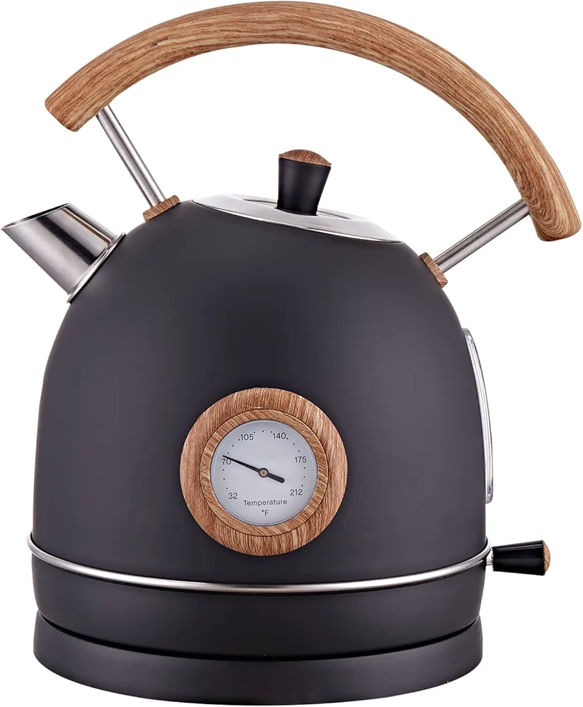 Electric Kettle, Talafa 1.7L / 1500W Electric Tea Kettles for Boiling Water, Stainless Steel Hot Water Boiler with Thermometer, Auto Shut-off & Boil-Dry Protection, Anti-scald Wood Handle, Black