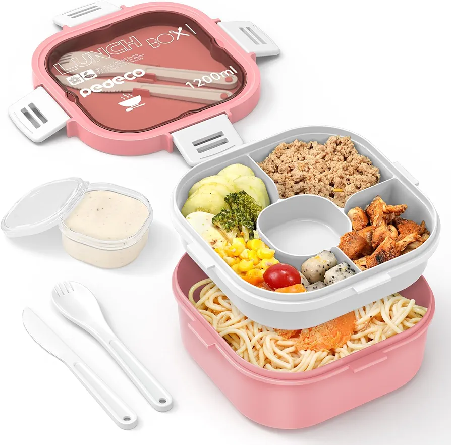 All-in-One Salad Container - Large Salad Bowl, Bento Box Tray, Leak-Proof Sauce Container, Airtight Lid, & Fork Bento Box Adult Lunch Box for Women; BPA-Free (Pink)
