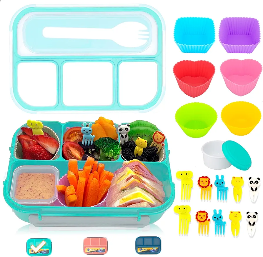 Bento Lunch Box for Kids Adult,4 Compartment Lunch Box Containers,With Accessories Silicone Food Cake Cups, Cute Food Picks for Kids,Easy to Clean (GREEN)