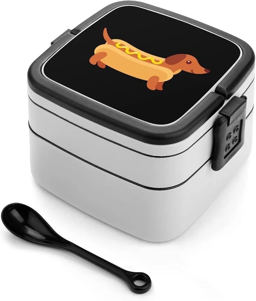 Dachshund in Hot Dog Bun with Mustard Bento Lunch Box with 2 Compartments Leak-Proof Food Containers with Spoon