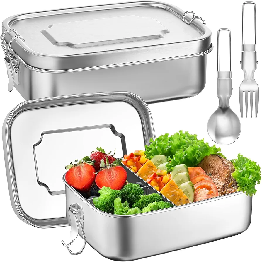 Umigy 2 Pcs Stainless Steel Lunch Containers Bento Lunch Box with Foldable Spoon Fork 3 Compartment Stainless Steel Food Container Portable Stainless Steel Bento Box for Camping Fruit, 40oz/1200 ml