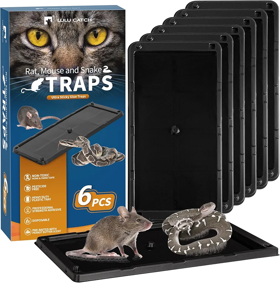 LULUCATCH Sticky Mouse Traps, 6 Pack Large Glue Traps, Pre-Baited Heavy Duty Non-Toxic Bulk Glue Boards Mouse Traps Indoor for Mice, Snakes, Rat, Insects, Cockroaches & Spiders, Pet Safe Easy to Use