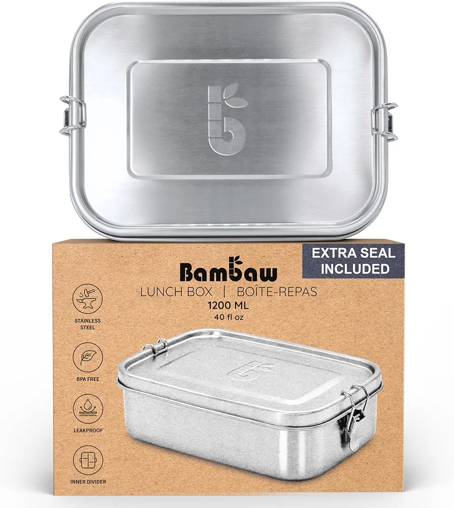 Bambaw Metal Lunch Box with Compartments 1200 ml, Stainless Steel Lunch Container, Stainless Steel Bento Lunch Box, Bento Lunch Box Stainless Steel, 40 oz