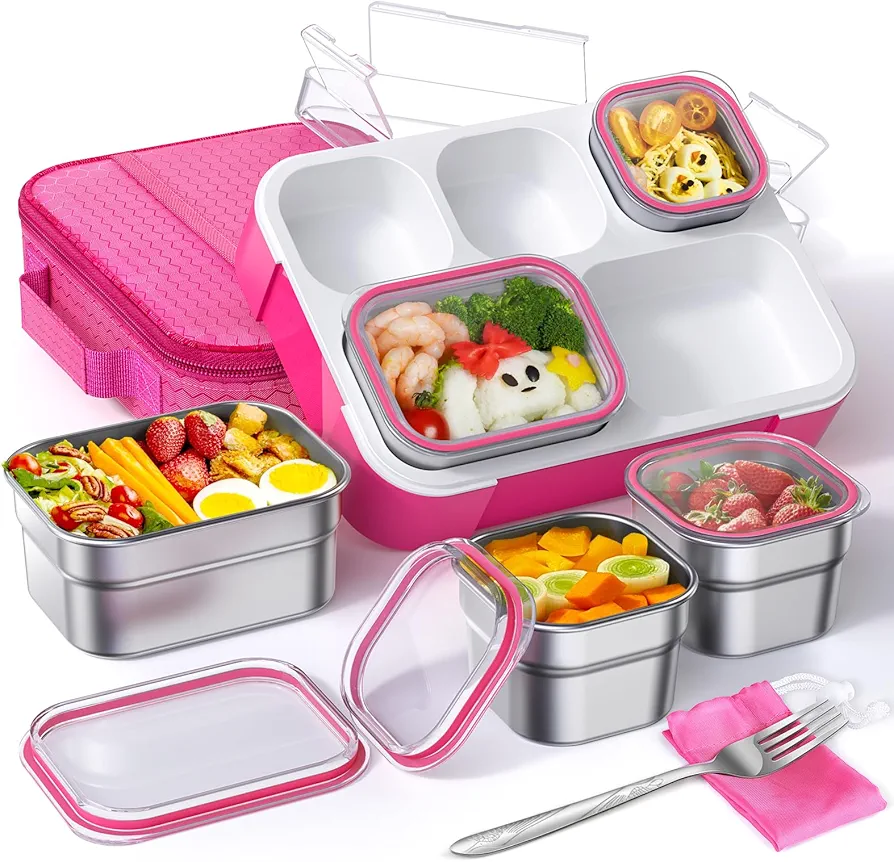Stainless Steel Bento Lunch Box for Kids Adult - Leakproof BPA-Free School Lunch Container with 5 Compartment and Lunch Bag Set for Toddler Child Bento Box (Pink)