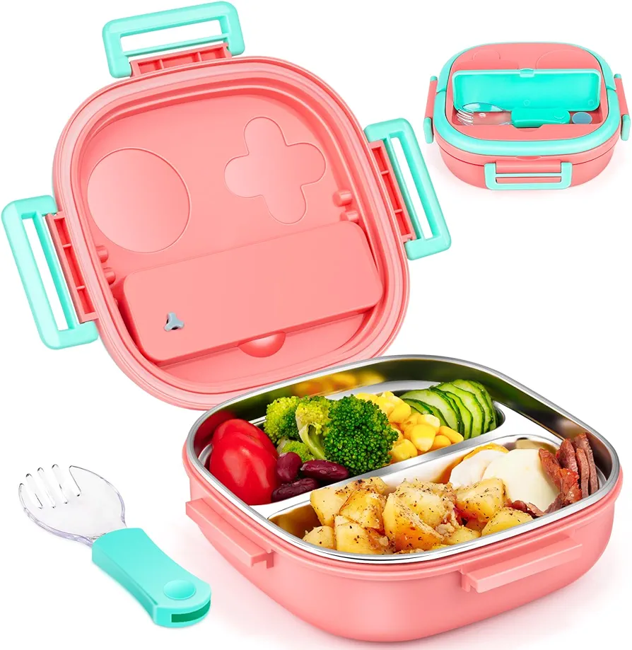 Bento Box for Kids,Stainless Steel-2-Compartment - Complete Lunch Set with Portable Cutlery - Ideal for Children Under 3 Years Old - Dishwasher Safe & BPA-Free(Pink)