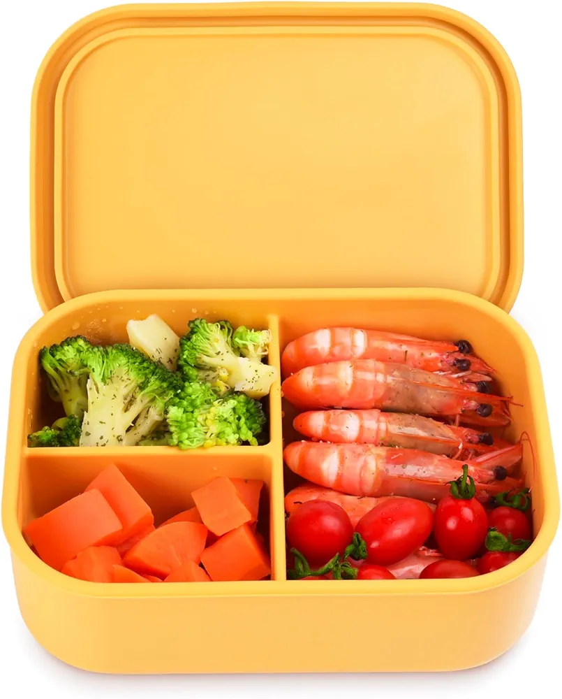 Adult Bento Box Lunch Box - 31oz Silicone Bento Box, Leak-Proof, 3-Compartment Bento Box,Microwave Dishwasher Safe (31oz-Yellow)