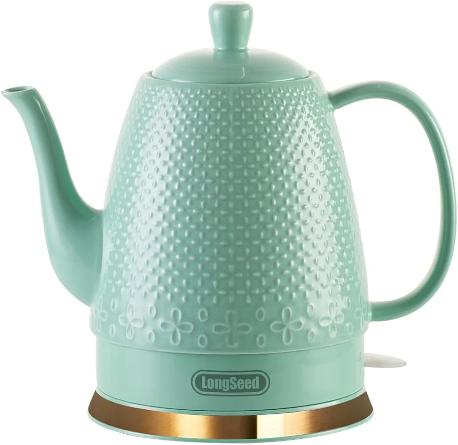 Ceramic Electric Kettle with Fine Mesh Infuser, 1.2L/1000W Boil Water Quickly and Easily with Boil-Dry Protection Auto Shut Off, Detachable Swivel Base, Glazed Relief Carving