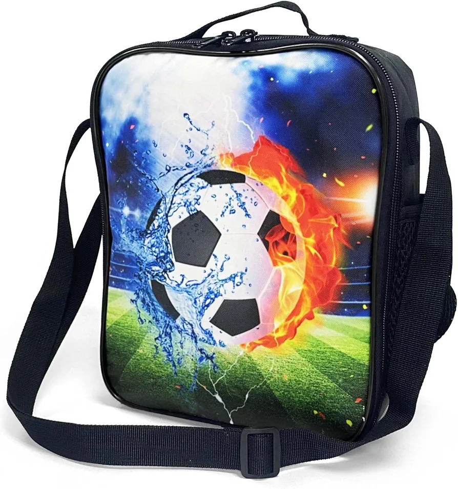 Insulated Lunch Bag for Girls&Boys, Kids Lunch Box, Soccer Lunch Bag with Shoulder Strap, School Bento Lunch Box for Kids Toddlers Teens, Black White Football Reusable Cooler Thermal Meal Tote Kit