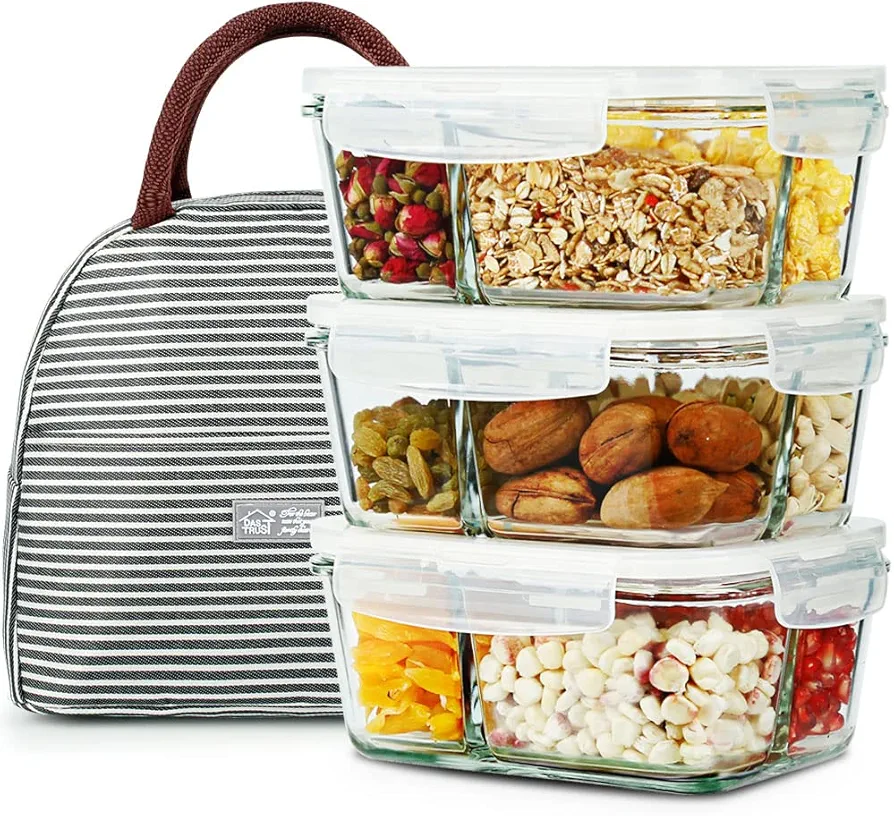DAS TRUST 3 Pack 36oz Bento Box Glass Meal Prep Containers 3 Compartments Glass Food Storage Containers with Lids Meal Prep Bowls Lunch Box Glass Food Prep Lunch Container Oven Microwave Safe