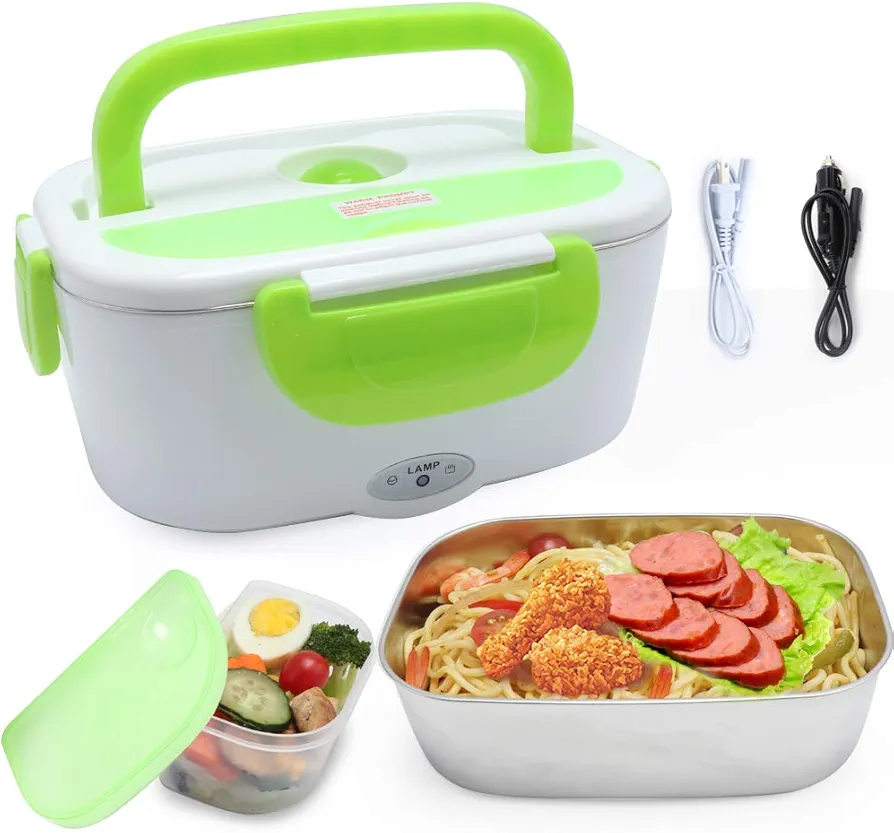 VECH Electric Lunch Box,110V & 12V Heated Lunch Box,Portable Heating Lunch Boxes for Adults, Food Warmer Food Warmer Bento Boxes,Stainless Steel Food Heater for Car/Office/Home (Green)