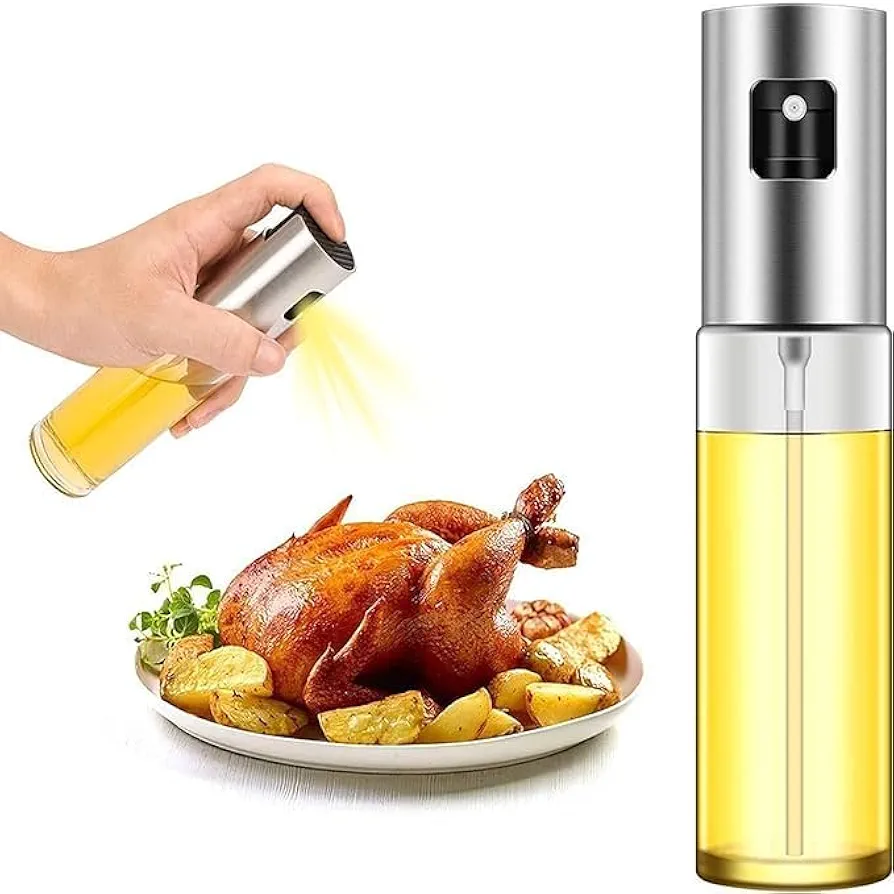 Oil Bottle Kitchen Pump Leak Proof Drop Essential Sprayer Olive Oil Bottles Dispenser Spray Bottle for Cooking 100ml Glass, Silver Transparent