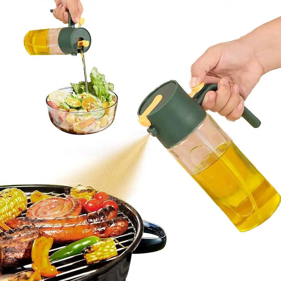 Oil Sprayer for Cooking, 2 in 1 Olive Oil Dispenser Bottle for Kitchen, 17oz/500ml Premium Glass Oil Bottle, Food grade Oil Mister for Air Fryer, Salad, Frying, BBQ