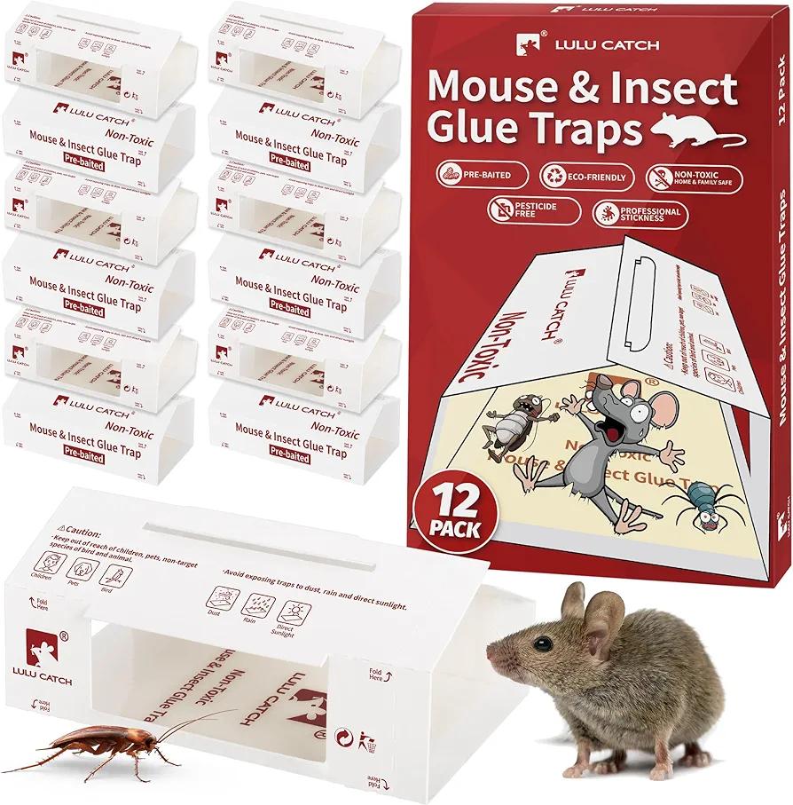 LULUCATCH Sticky Mouse Traps, 12 Pack Pre-baited Glue Traps, Foldable Bulk Non-Toxic Indoor Mouse Glue Boards for Insects, Cockroach, Lizard, & Spider, Pet Child Safe & Easy to Use Pest Control