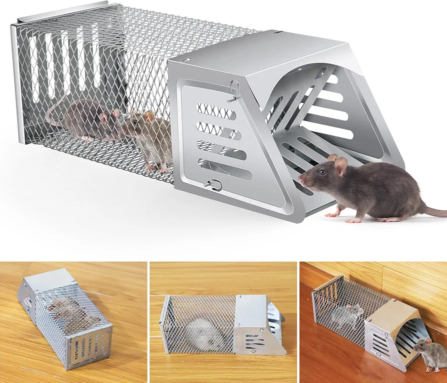 Humane Rat Trap Outdoor Chipmunk Rodent Trap Humane Mouse Trap Indoor Squirrel Trap,Metal Humane Rat Mouse Live Cage Trap,Sensitive Pedal Trigger,Live Animal Trap for Rodents,Moles,Voles,Mice