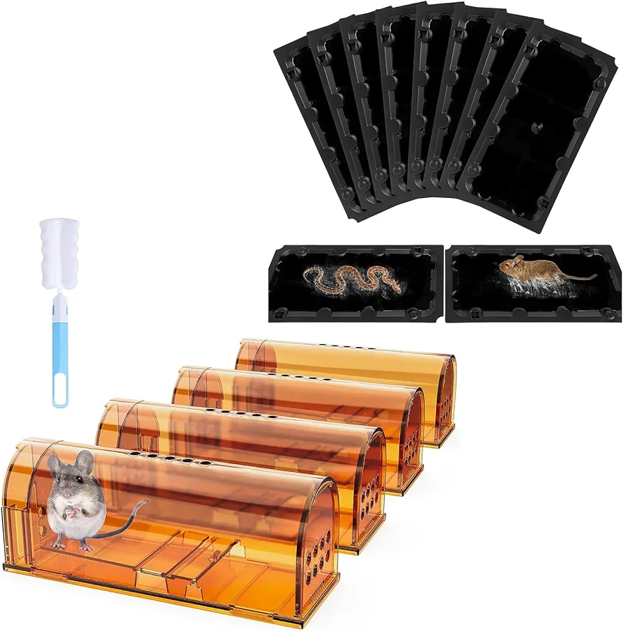 8 Pack Sticky Mouse Trap Rat Traps Indoor, Peanut Taste Pheromone Mouse Traps Indoor for Home, and 4 Pack Humane Mouse Traps Indoor for Home, Live Mouse Traps No Kill Bundle