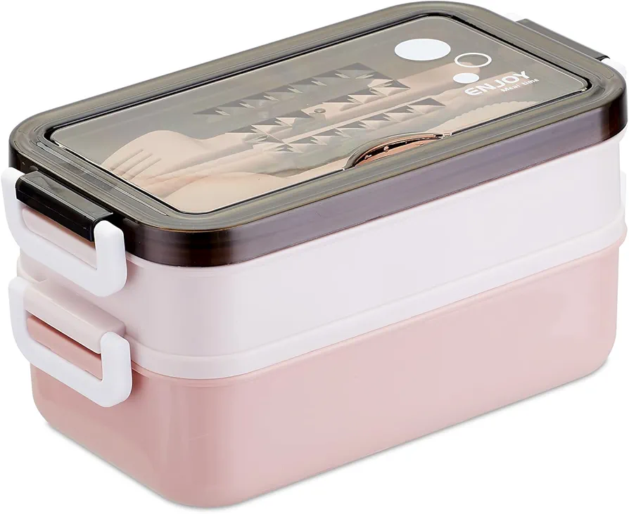 Bento Lunch Box,Japanese-Style Large Capacity Double Layer stacking,Microwave Can Be Used,Comes with Three-Piece Cutlery Set,Adults Love It,Great for Camping,Work (Pink)