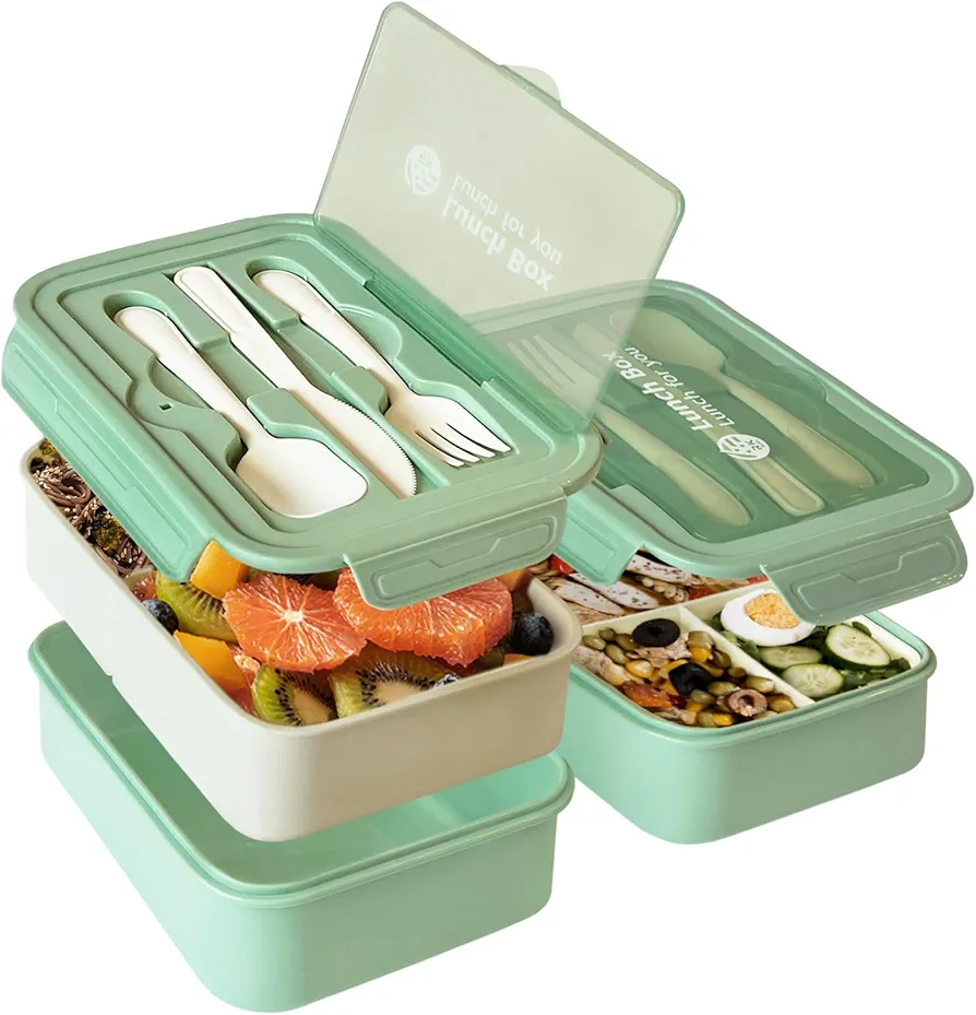 RuKa Bento Box for Adult Lunch box, Containers for lunch and salad Bento Box with Spoon, Fork & Knife - Adult Bento Box Leakproof, Microwave & Dishwasher Safe, BPA Free, Durable, Green