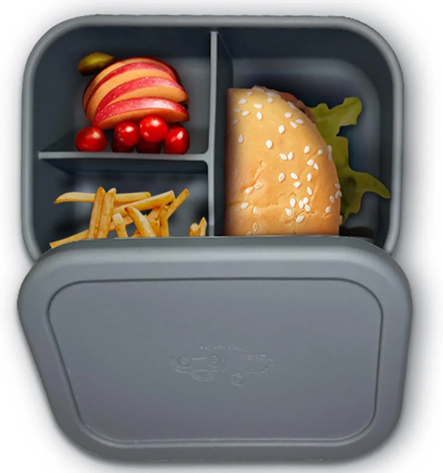 Silicone Bento Lunch Box with Compartments, Leakproof Bento Box for Kids and Adults, Leak-Proof Lunch Container with Lid, Cute Bento Boxes for Boys and Girls, Dishwasher Safe (Grey)