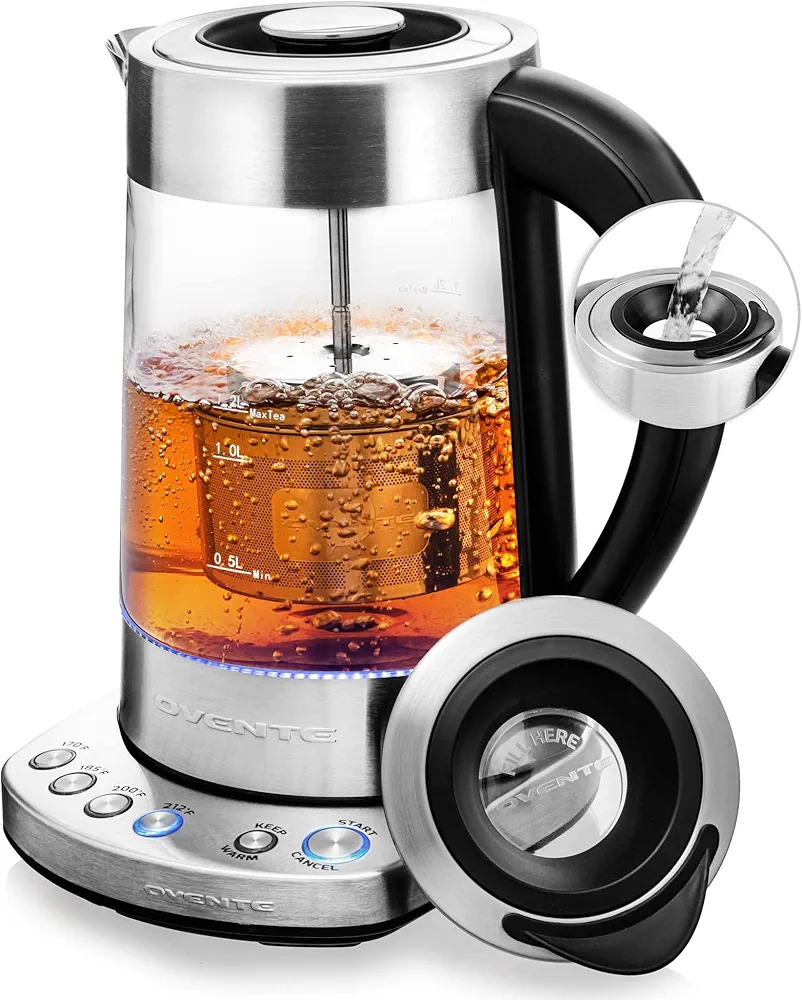 OVENTE Glass Electric Kettle Water Boiler 1.7 Liter ProntoFill Tech Portable Kettle w/ Set Temperature Control, 1500W Keep Warm BPA Free w/ Stainless Steel Base & Tea Maker Infuser - Silver KG733S