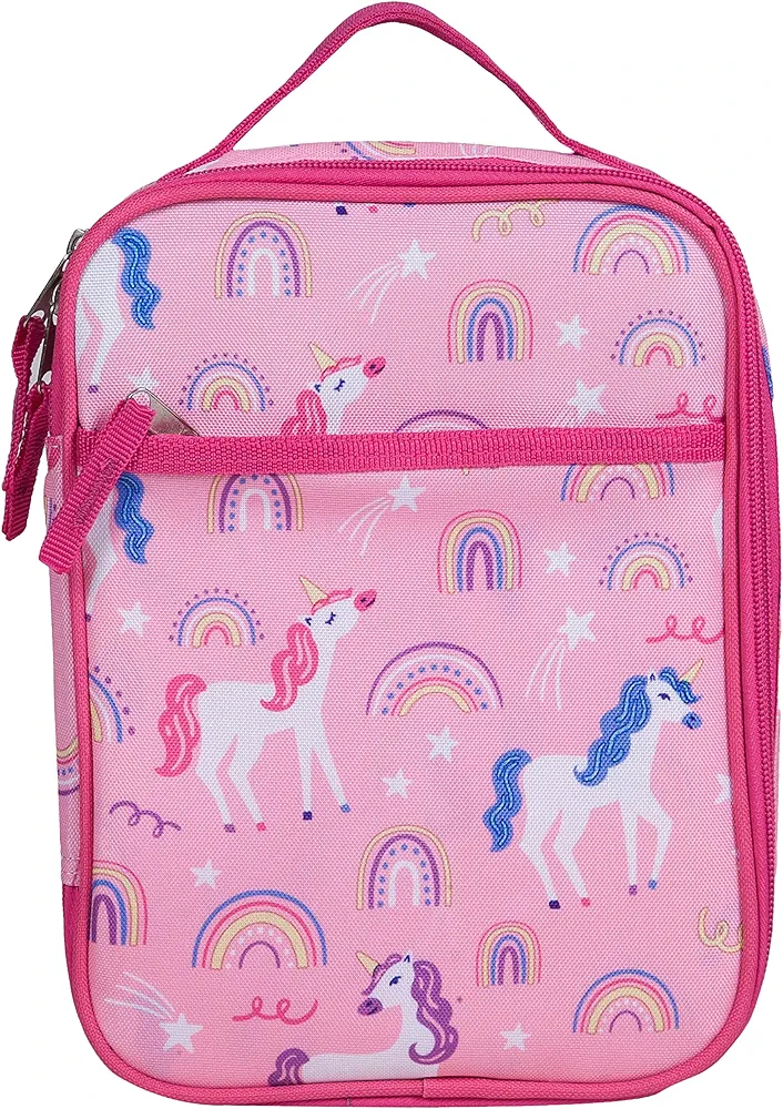 Wildkin Day2Day Kids Lunch Box Bag for Boys & Girls, Perfect for Elementary Lunch Box for Kids, Easy Access Front Pocket, Ideal for Packing Hot or Cold Snacks for School & Travel (Rainbow Unicorns)