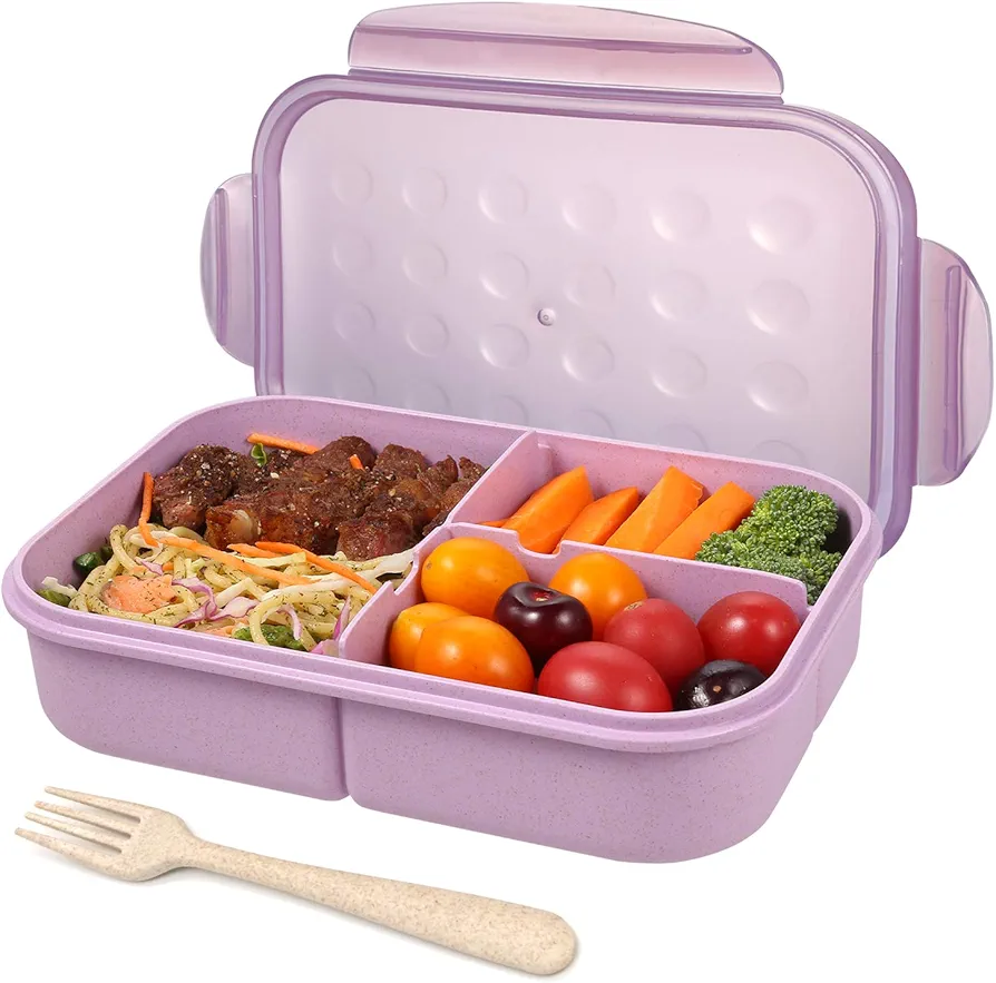 Jeopace Bento Box for Adults Lunch Containers for Kids 3 Compartment Lunch Box Food Containers Leak Proof Microwave Safe(Flatware Included,Purple)