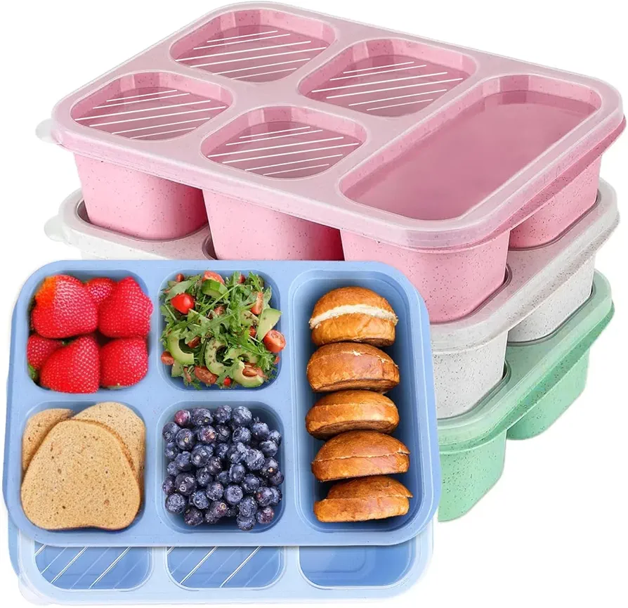 Bento Box Adult Lunch Box 4 Pack, 5-Compartment Meal Prep Container, Reusable Food Storage Snack Box Container, Stackable, Work, and Travel, Classic