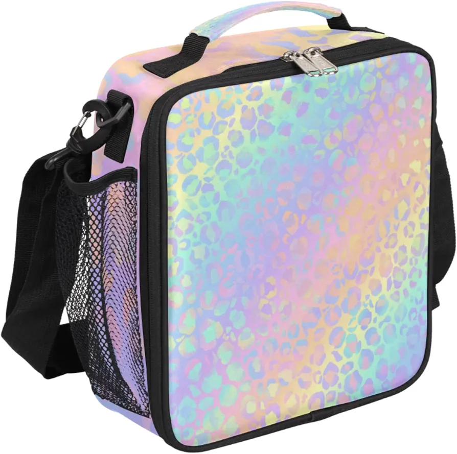 Leopard Print Kids Lunch Bag Rainbow Leopard Skin Insulated Lunch Box Mini Cooler Back to School Thermal Meal Tote Kit Bento Tote Bags Thermal Lunchbox for Boys Girls